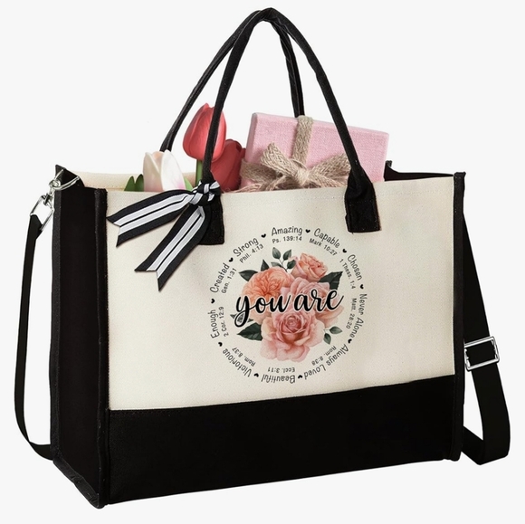 Handbags - New! Canvas tote large bag with scripture religious Christian flower white black